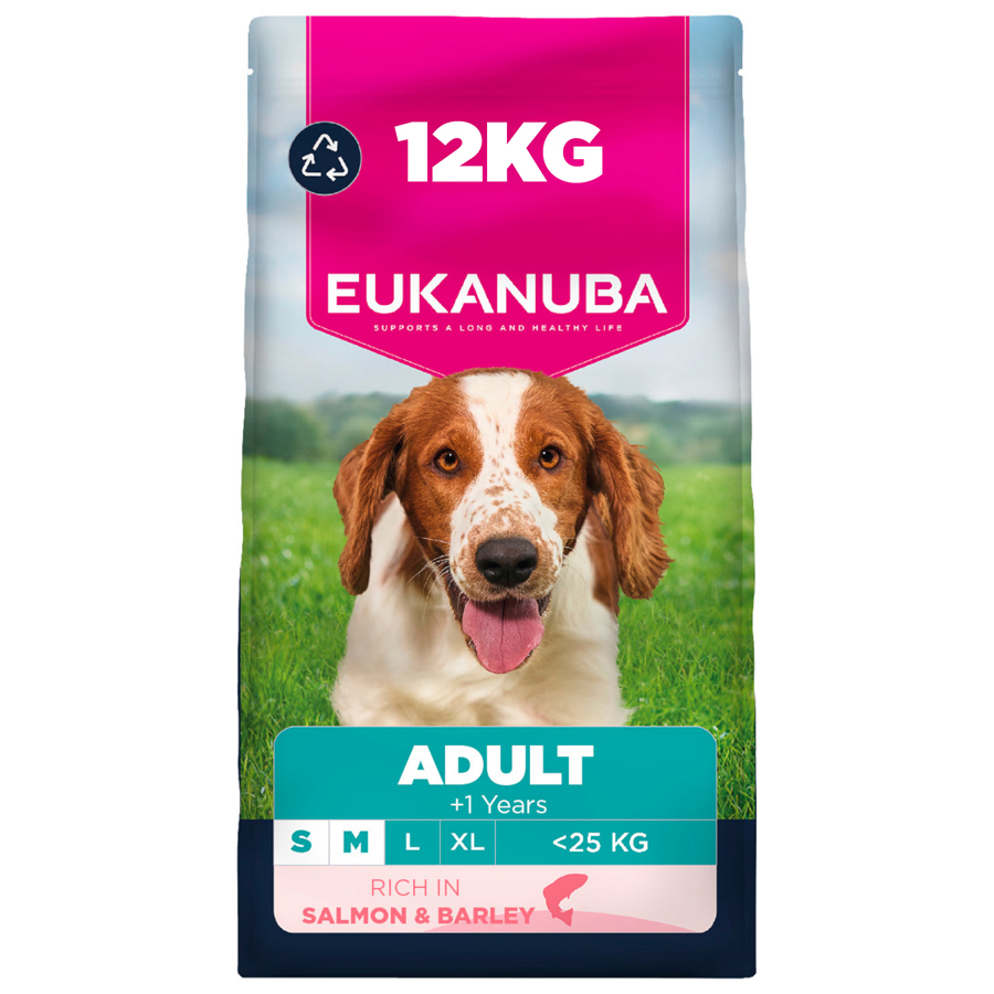 Eukanuba Small & Medium Adult Dry Dog Food Salmon & Barley dry dog food pack