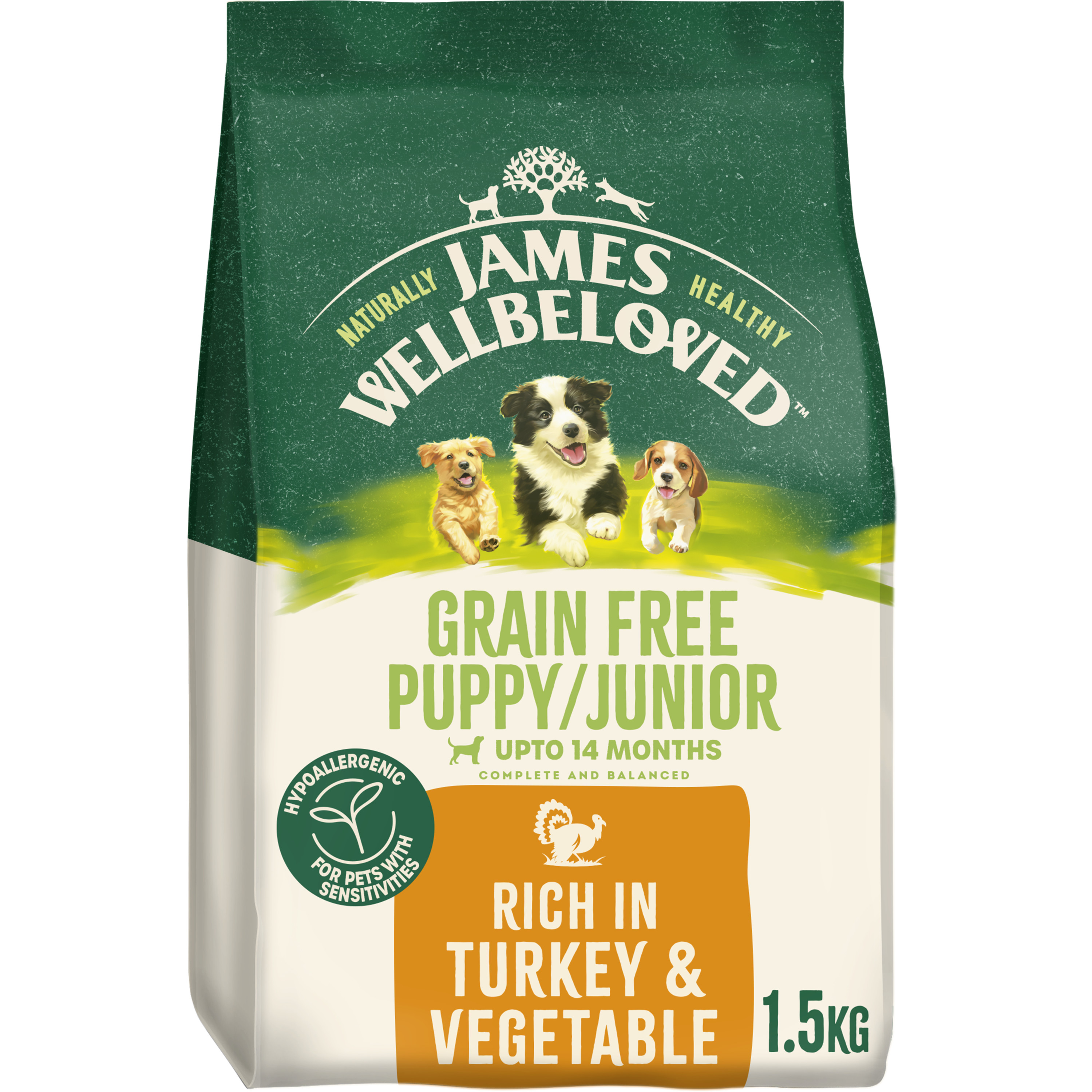 James Wellbeloved Grain Free Puppy Junior Dry Dog Food Turkey & Veg dry dog food pack