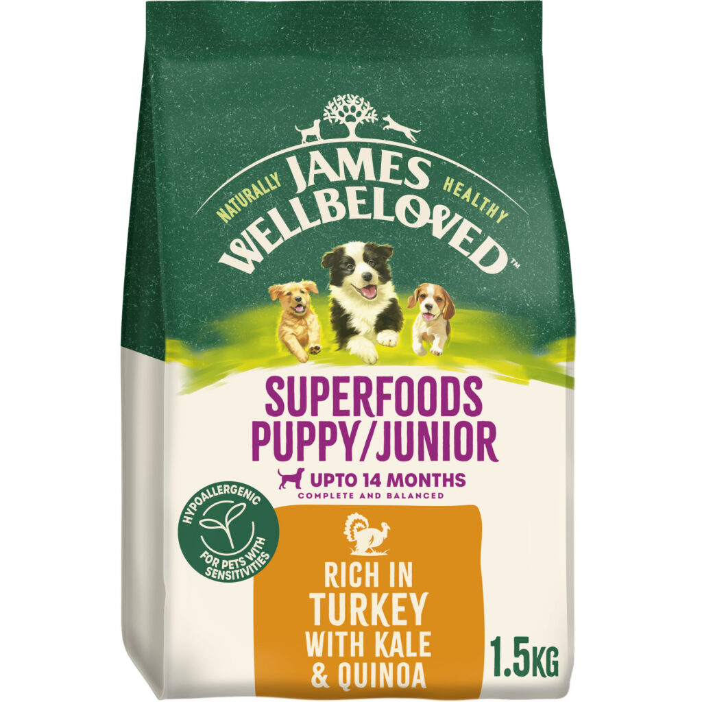 James Wellbeloved Superfoods Puppy Junior Dry Dog Turkey, Kale & Quinoa dry dog food pack